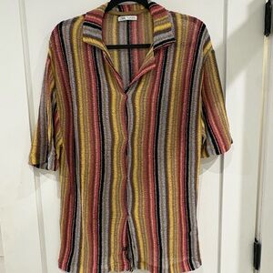 Zara Multicolor Striped Short-Sleeve Button-Up — Mustard, Pink & Black Accents